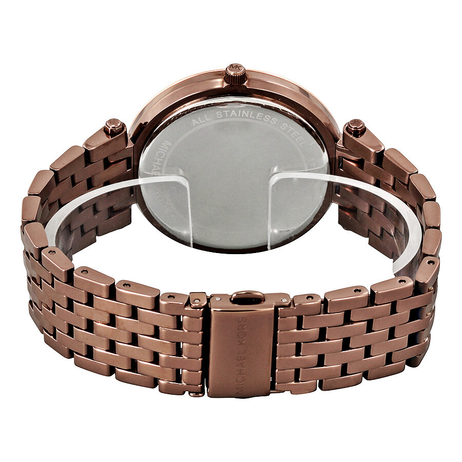 Back view of Michael Kors Darci watch showing stainless steel caseback and bracelet