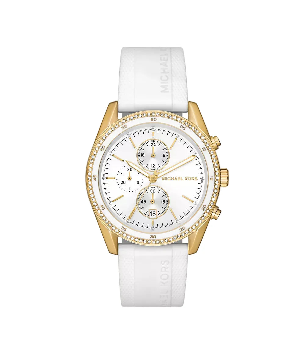 Michael Kors Hadyn MK7484 gold-tone chronograph watch with white silicone strap and pavé bezel