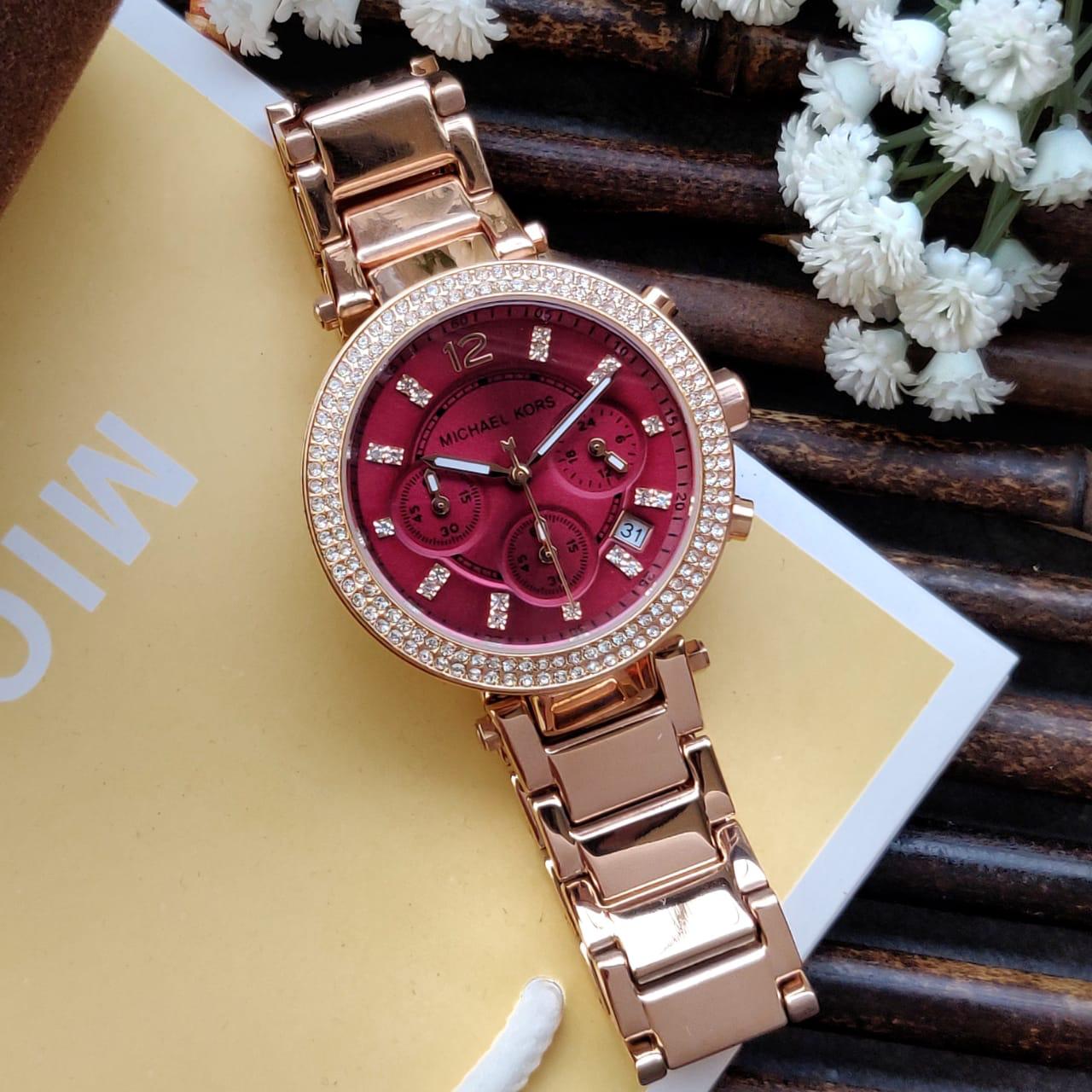 Michael Kors Parker Chronograph Red Dial Gold Ladies Watch MK6106