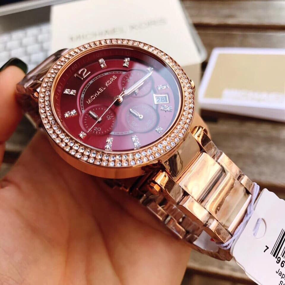 Michael Kors Parker Chronograph Red Dial Gold Ladies Watch MK6106