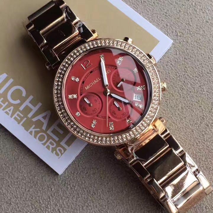 Michael Kors Parker Chronograph Red Dial Gold Ladies Watch MK6106