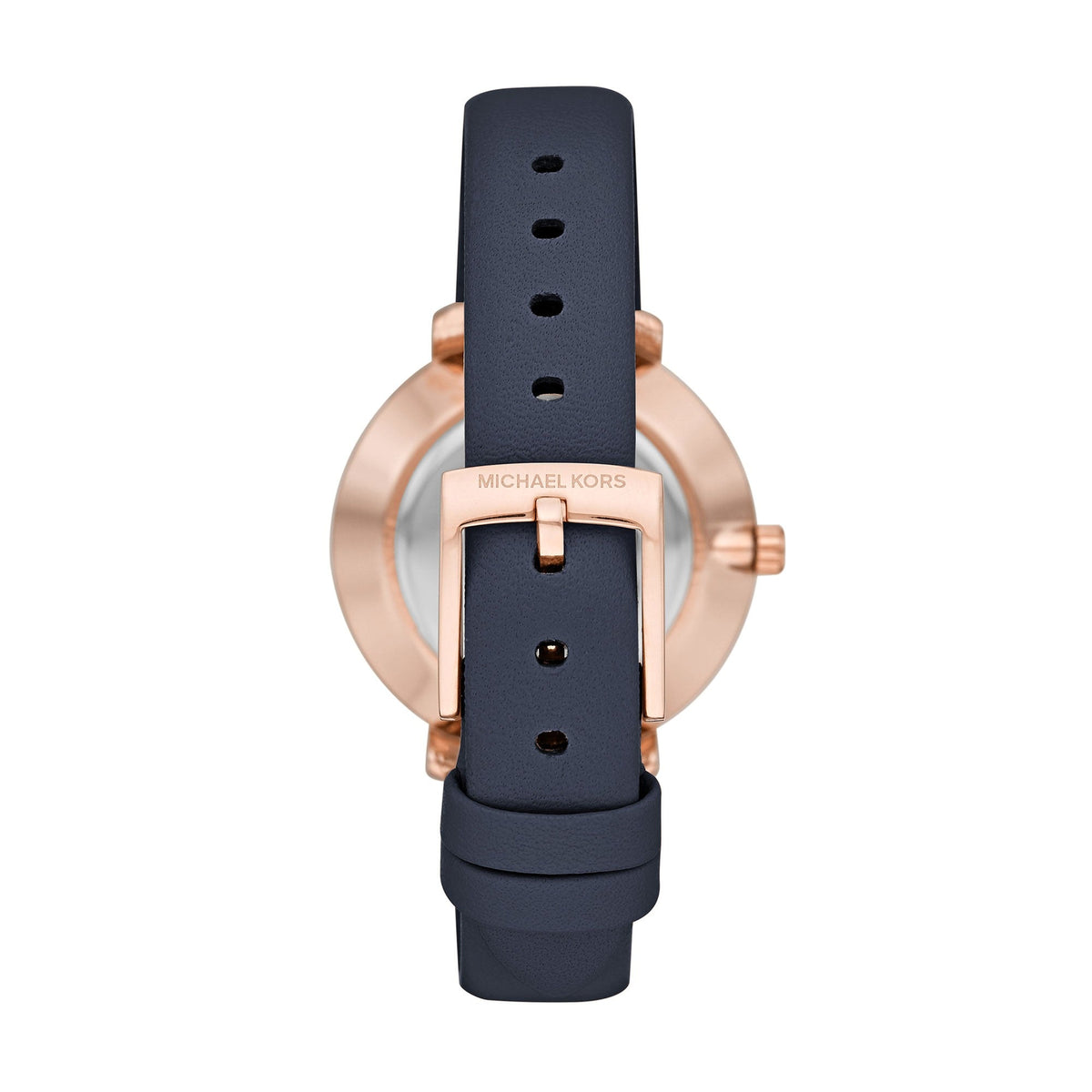 Back view of MK2804 displaying rose gold case back and navy leather strap with buckle