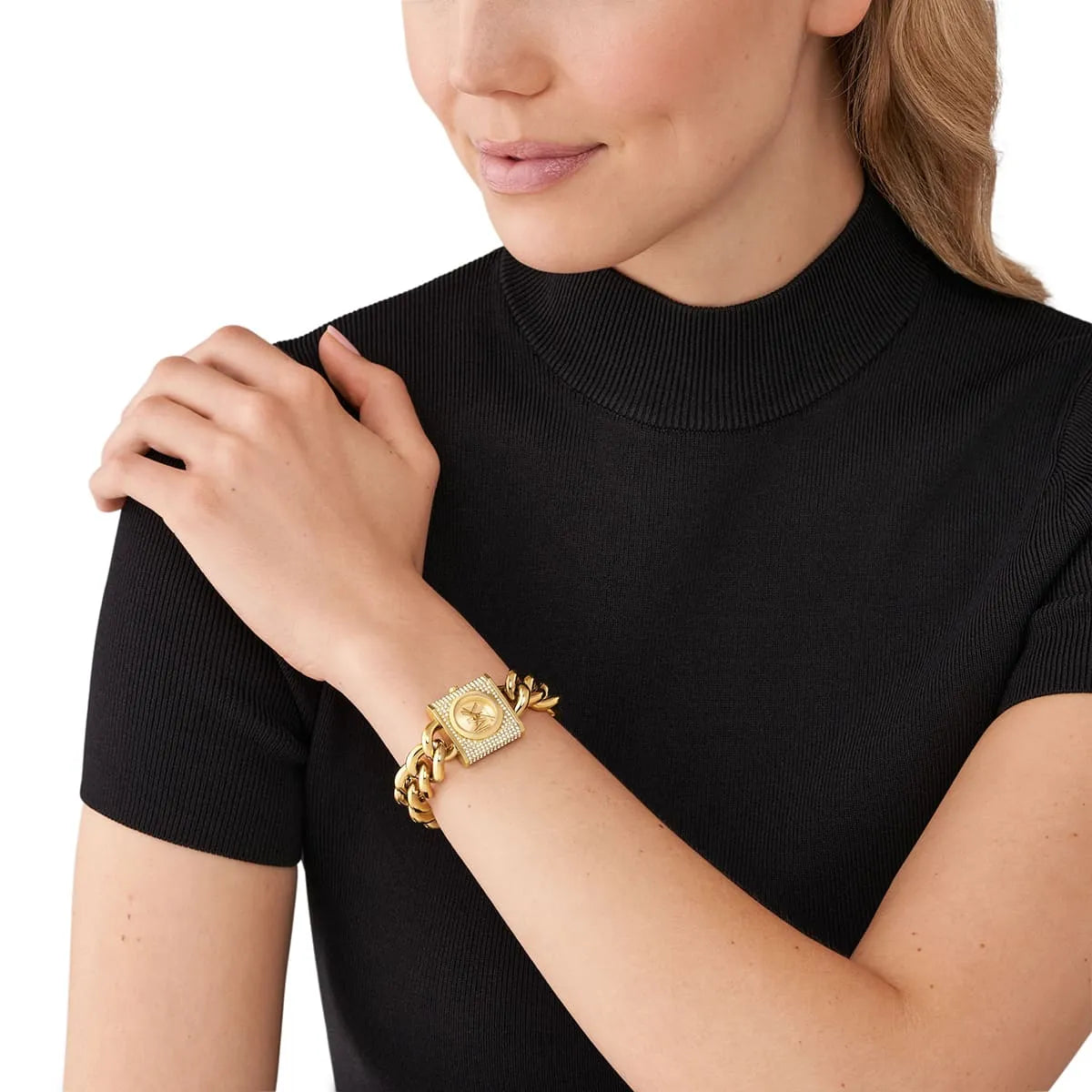Michael Kors Chain Lock Quartz Crystal Gold Dial Women's Watch - MK4711