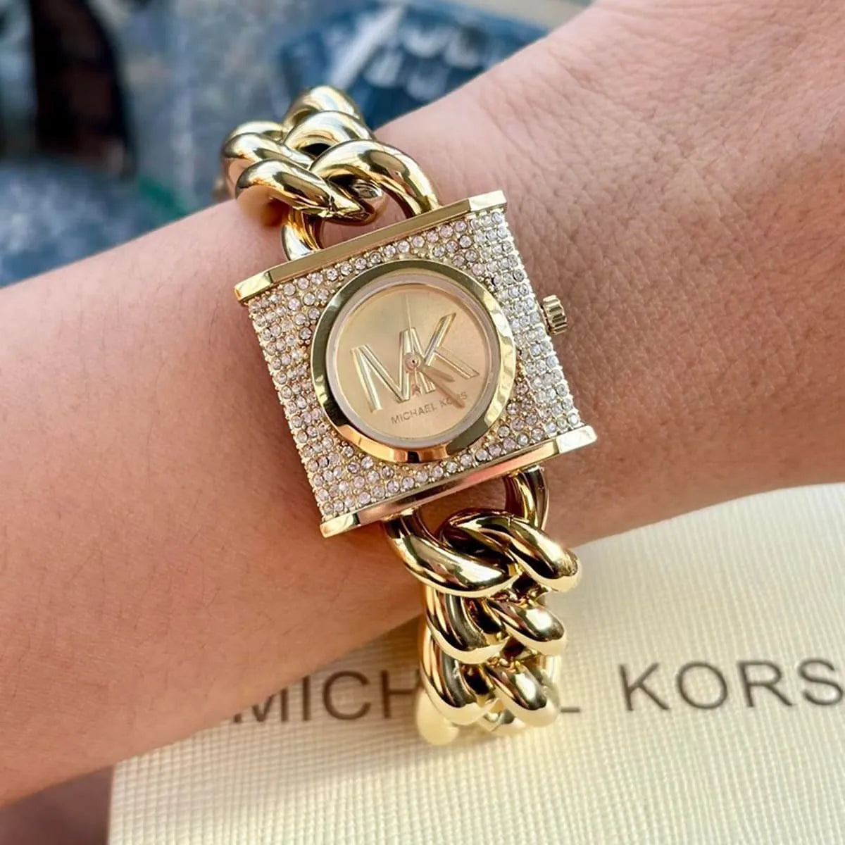 Michael Kors Chain Lock Quartz Crystal Gold Dial Women's Watch - MK4711