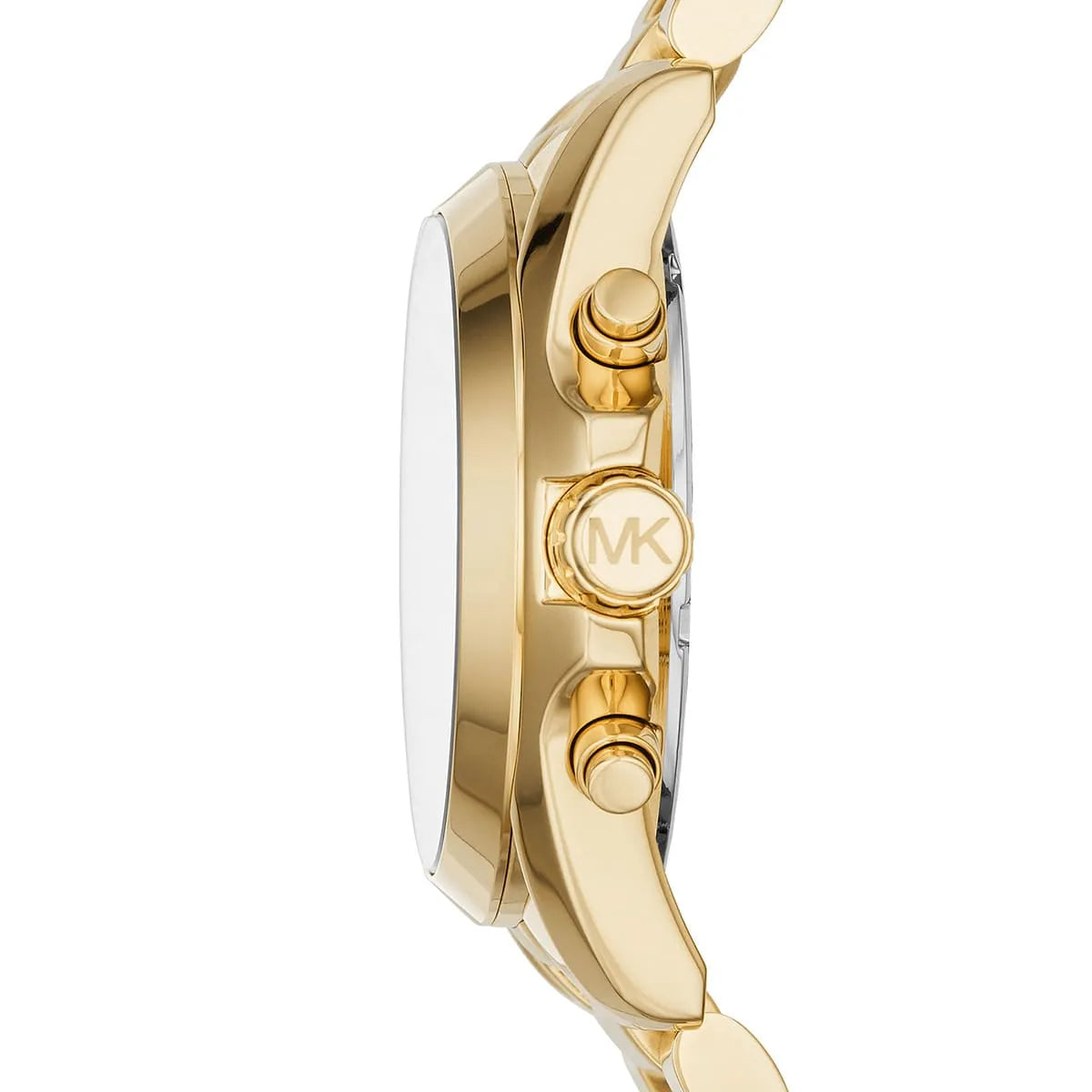 Side profile of Michael Kors Bradshaw MK6272 gold-tone chronograph watch showing case thickness and pushers