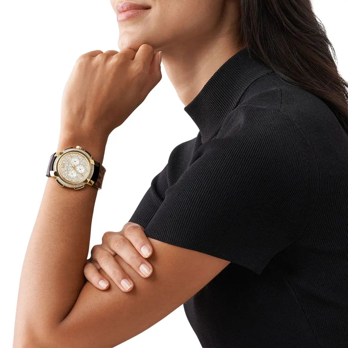 Michael Kors Sidney Logo Pattern Dial Brown Genuine Leather Women's Watch- MK6948