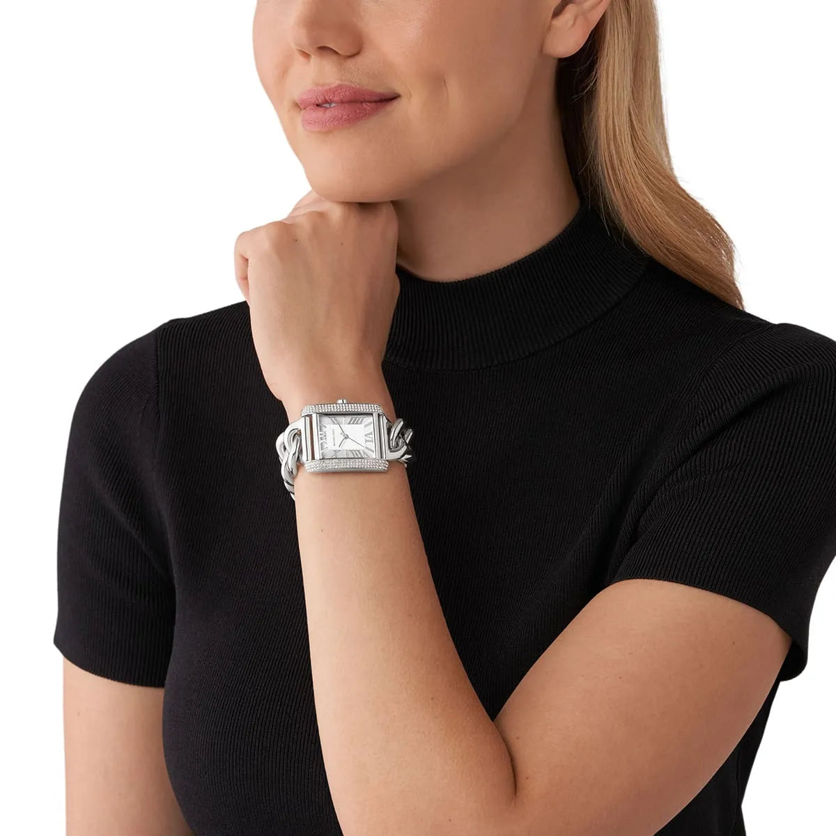 Michael Kors Mini Emery Pavé Rectangular Silver Curb-Link Bracelet Women's Watch - MK7438
