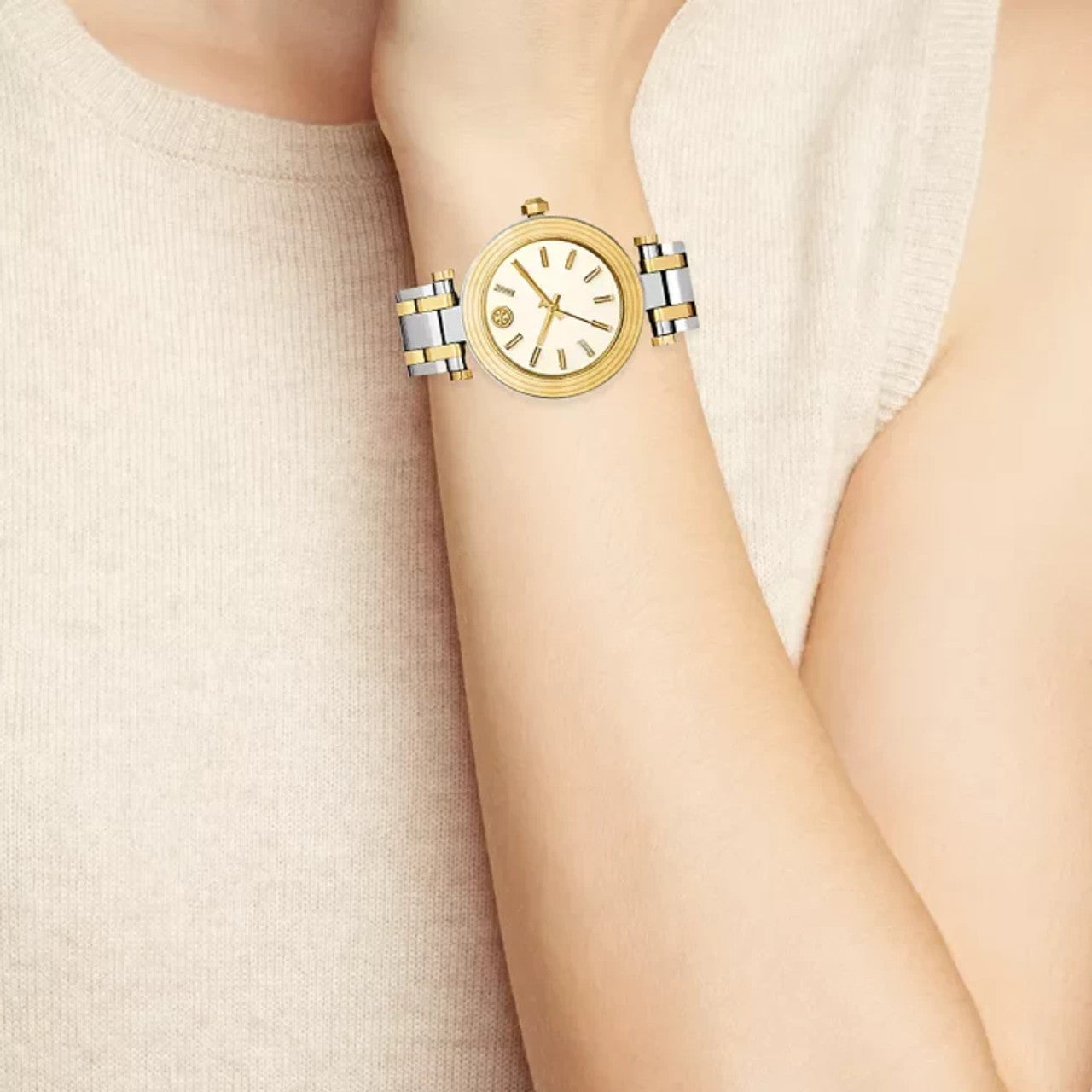 Tory Burch Classic T Watch Two Tone Yellow Gold Silver Women's Watch TBW9014