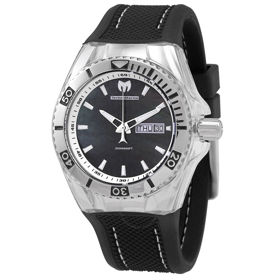 TechnoMarine Cruise Monogram Black Mother of Pearl Logo Textured Dial Black Silicone Strap Men's Watch 115212 - The Watches Men & Co