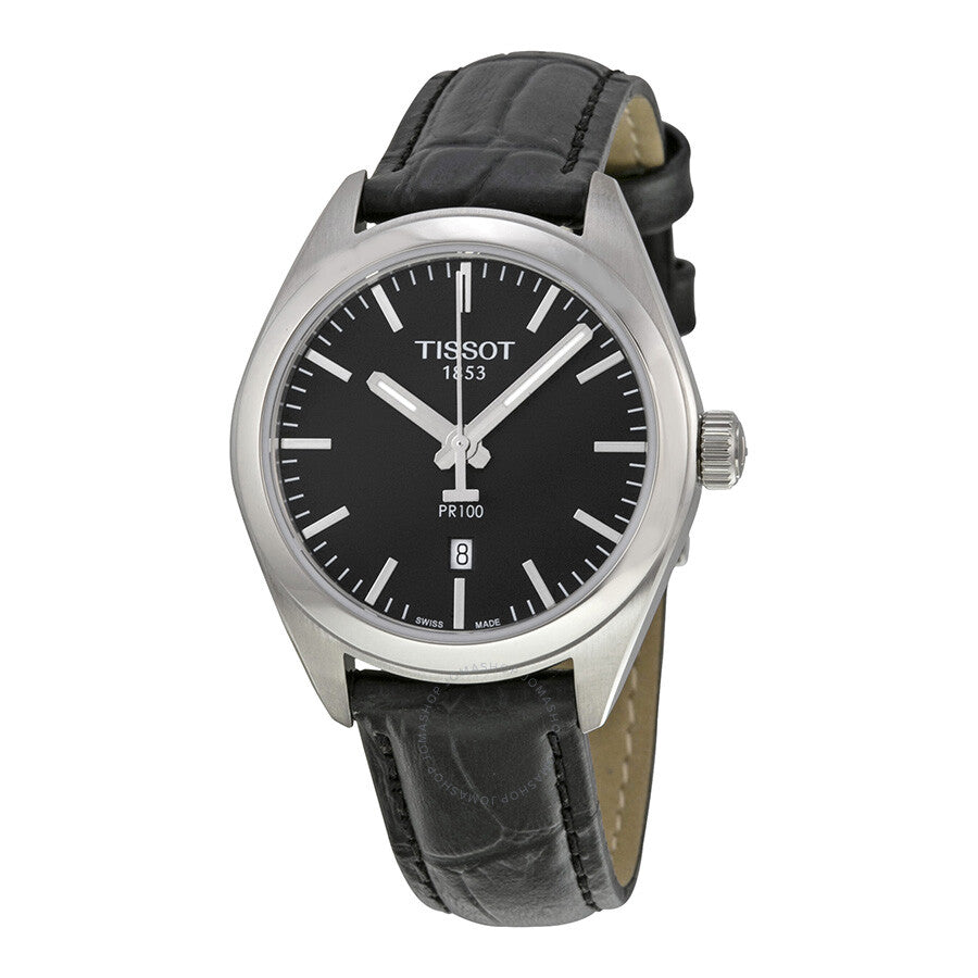 Tissot PR100 Black Dial Black Leather Ladies Watch T1012101605100 - The Watches Men & Co