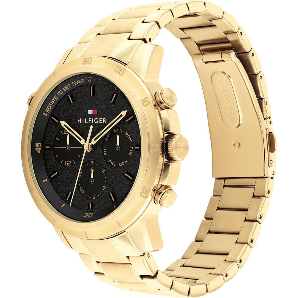 Side view of Tommy Hilfiger Troy chronograph gold steel bracelet strap