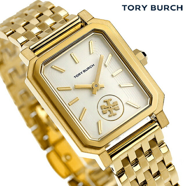 Tory Burch Robinson gold stainless steel watch front view with white dial and brand text