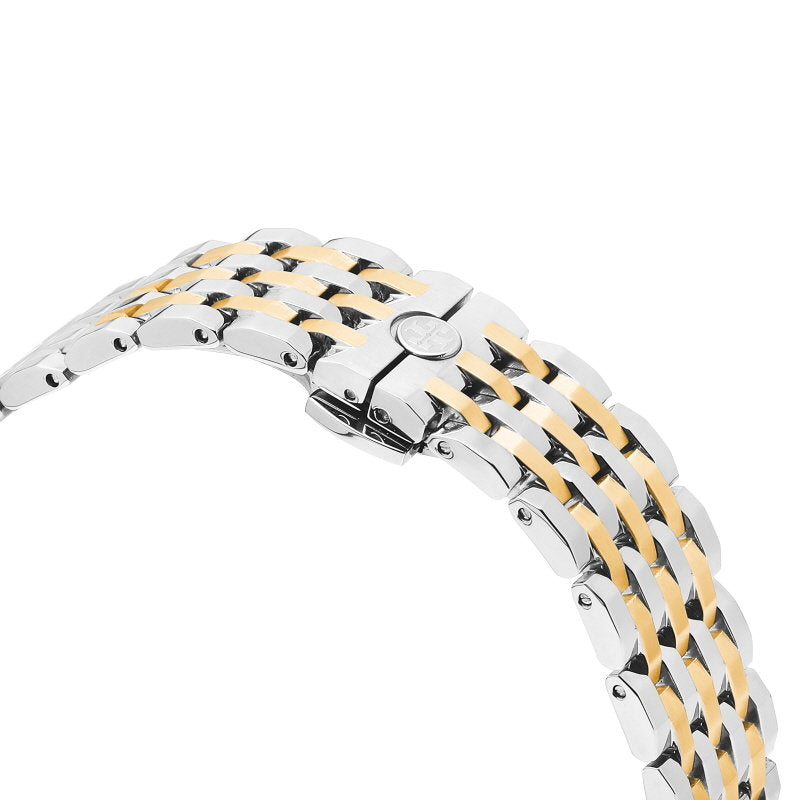 Two-tone gold and silver bracelet of Tory Burch Robinson watch with fold-over clasp