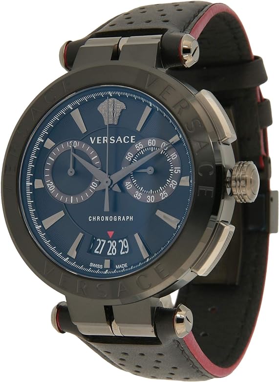 Versace Aion chronograph watch side angle showing black case, blue dial, and red-lined strap