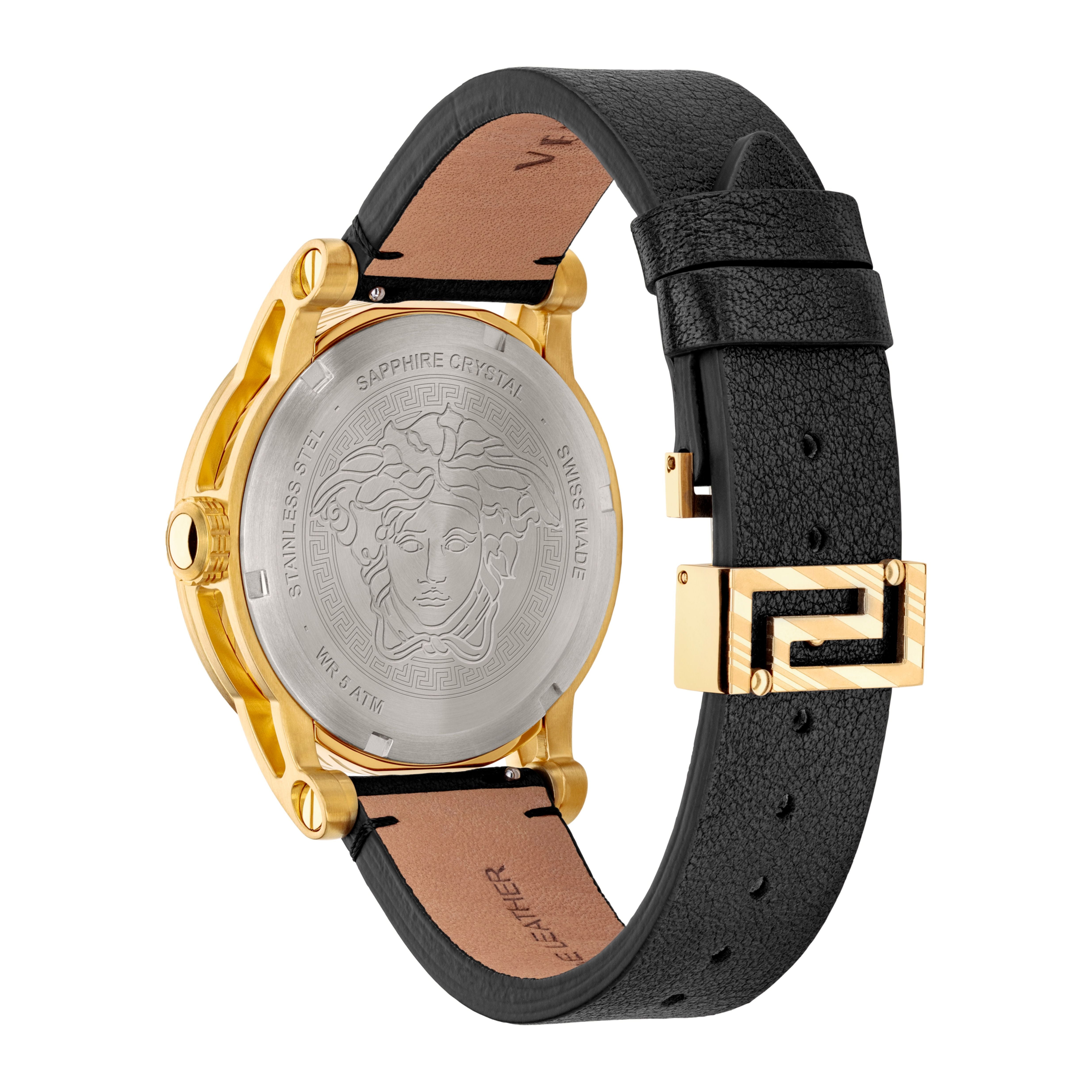 Versace Code watch caseback with Medusa head and sapphire crystal inscription