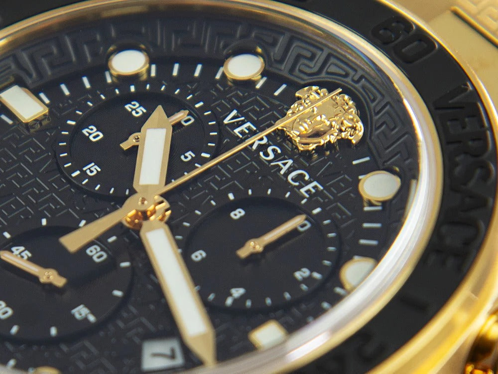 Versace Greca Dome Chronograph Black Dial All Gold Swiss Movt Watch - VE6K00523