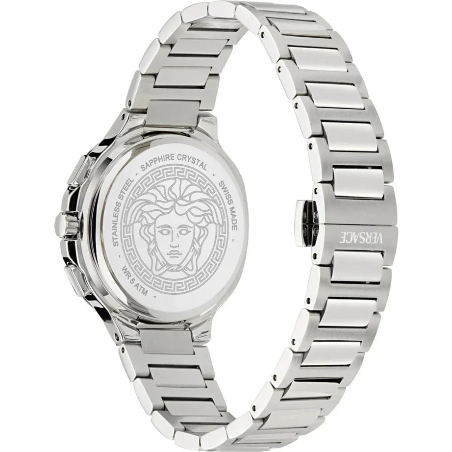 Side profile view of Versace V-Chrono watch with stainless steel bracelet