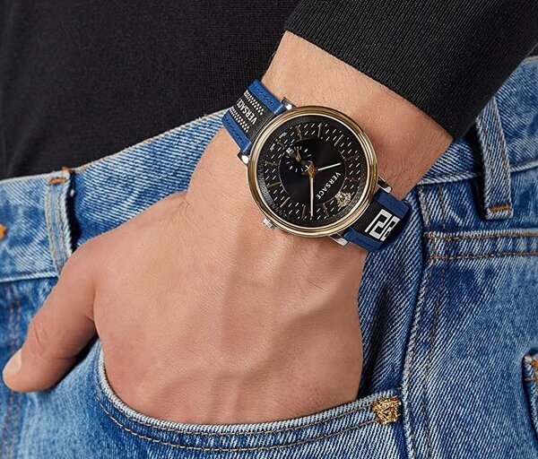 Versace V-Circle Black Dial Blue Leather Strap Men's Watch - VEBQ01419