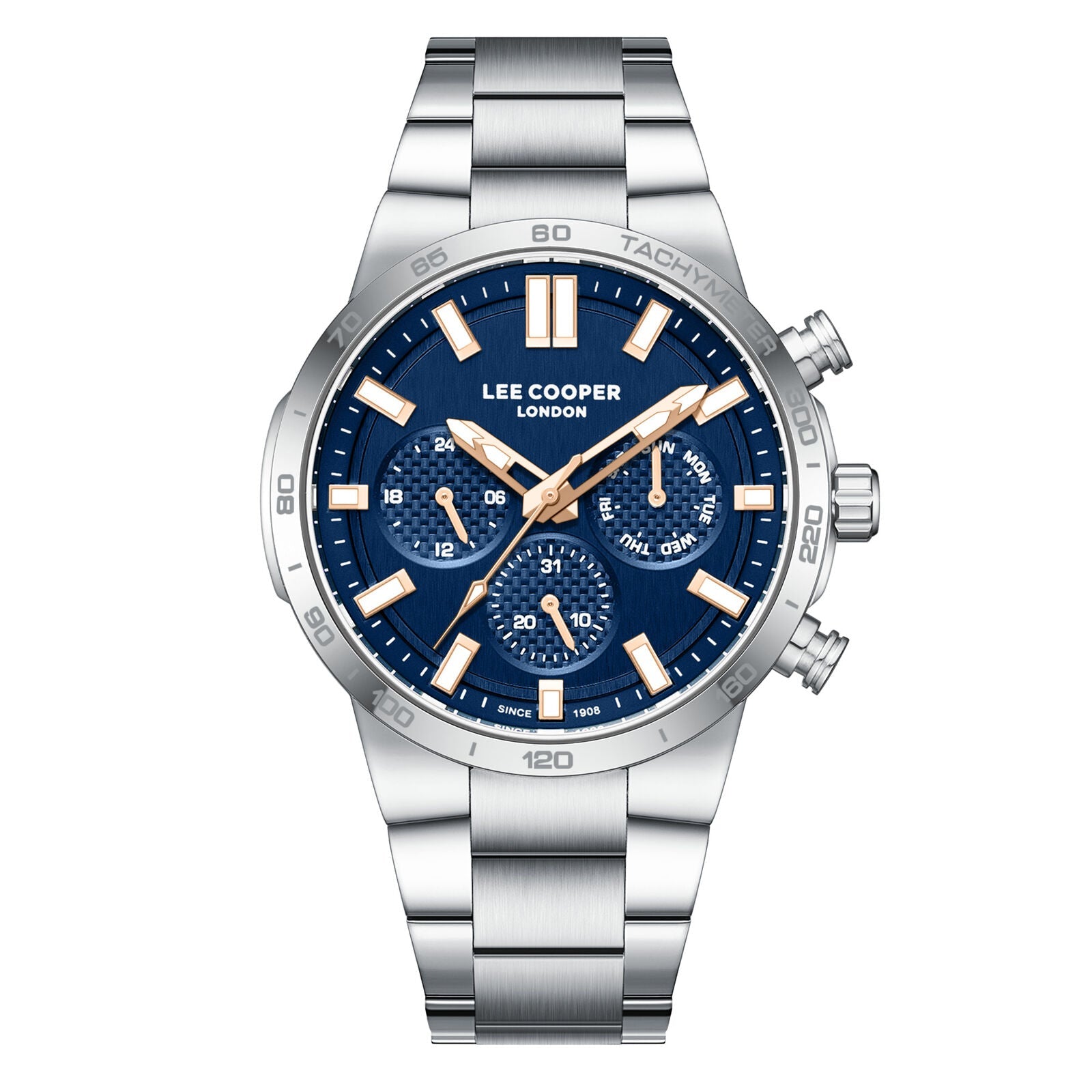 Lee Cooper Multifunction Blue Dial Gold Hands Silver Men's Watch - LC08293.390