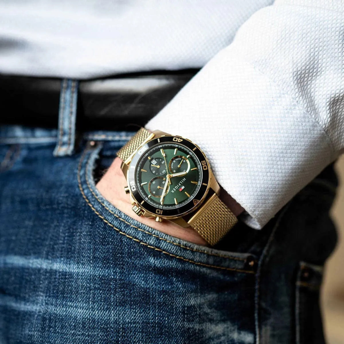 Tommy Hilfiger Chronograph Dark Green Dial Gold Mesh Strap Men's Watch - 1792093