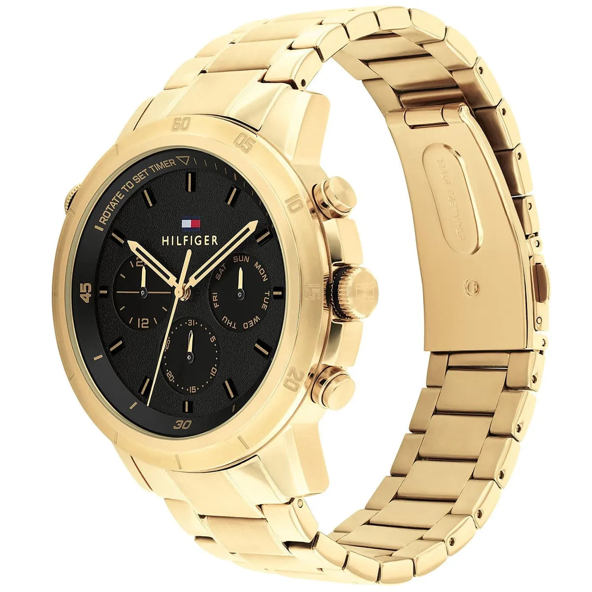 Tommy Hilfiger Troy Chronograph Black Dial Gold Steel Strap Watch For Men - 1792109