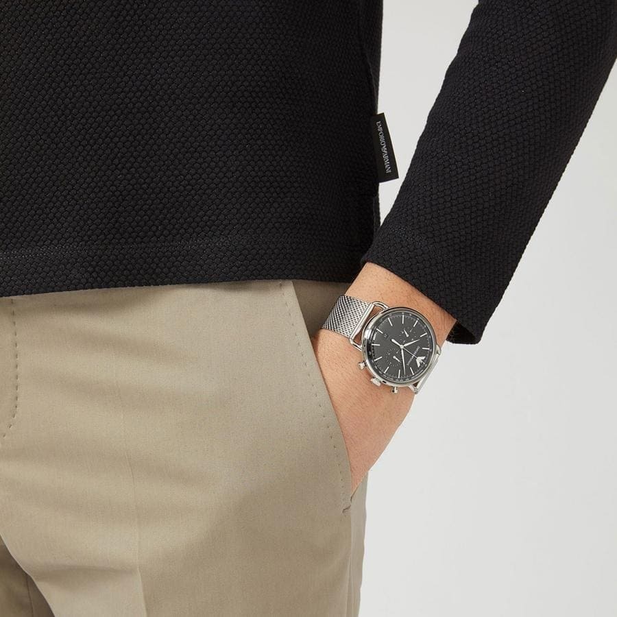 Emporio Armani Aviator Chronograph Black Dial Silver Mesh Watch - AR11104