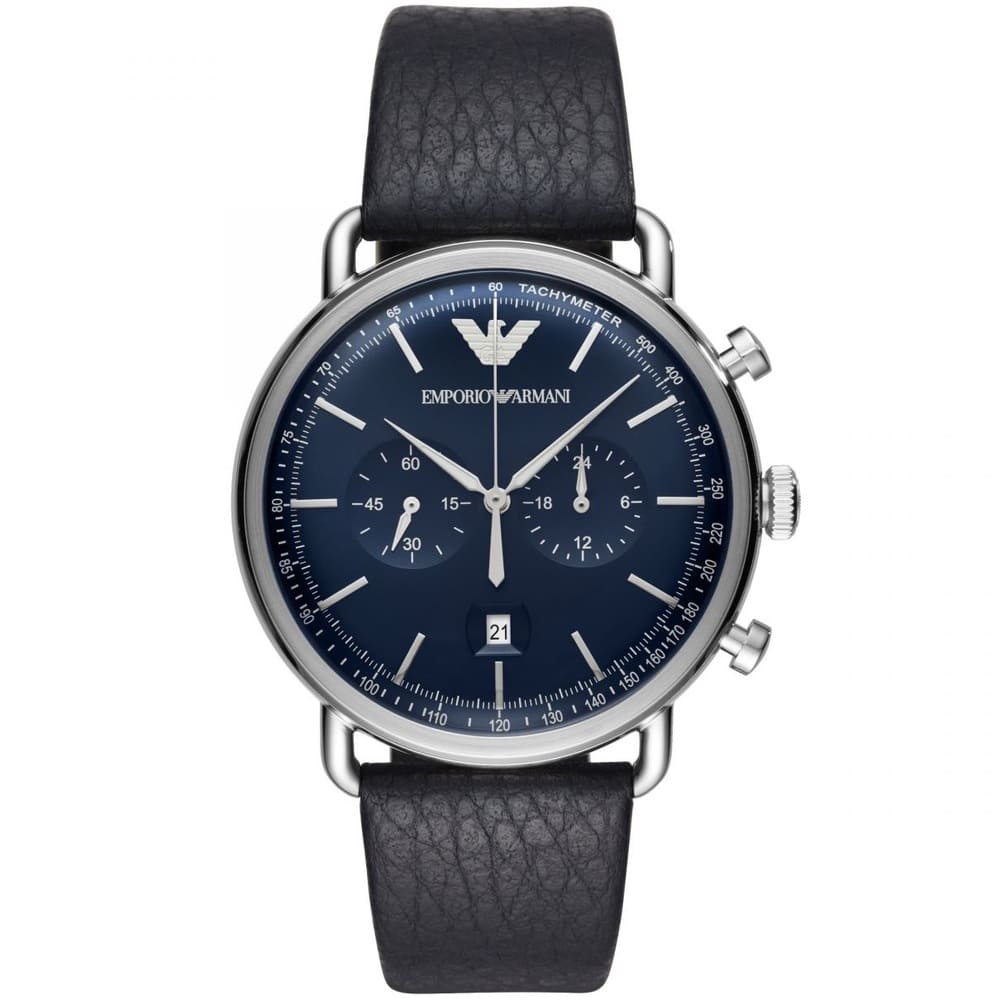 Emporio Armani Aviator Chronograph Blue Dial Navy Blue Genuine Leather Watch - AR11105