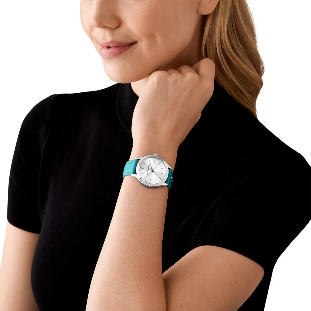 Michael Kors Slim Runway White Dial Santorini Blue Genuine Leather Women's Watch - MK7470