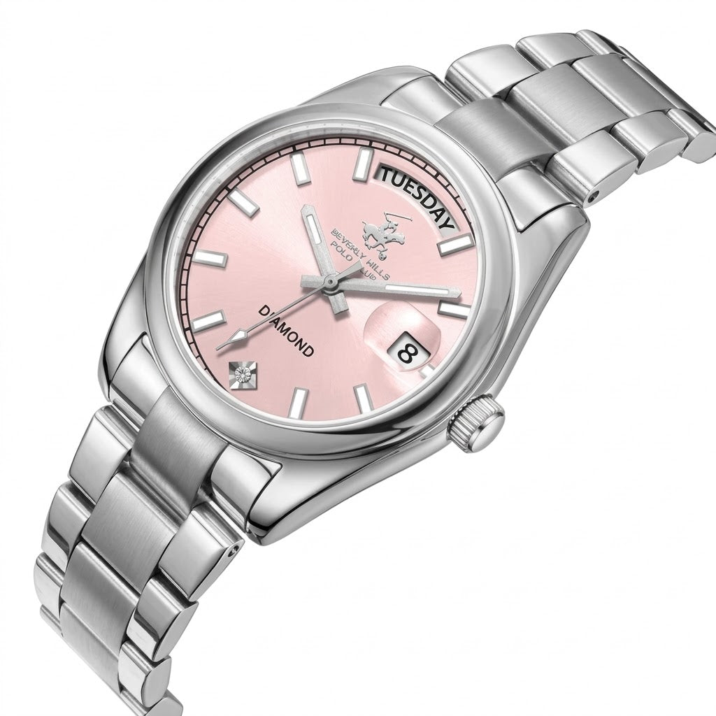 Beverly Hills Polo Club Pink Dial Day-Date Silver Diamond Women's Watch - BP3709X.381