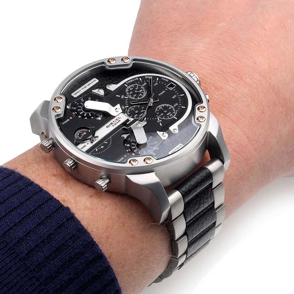 Diesel Big Daddy DZ7349 316L Silver and black stainless steel 30m water resistant 4 time zones