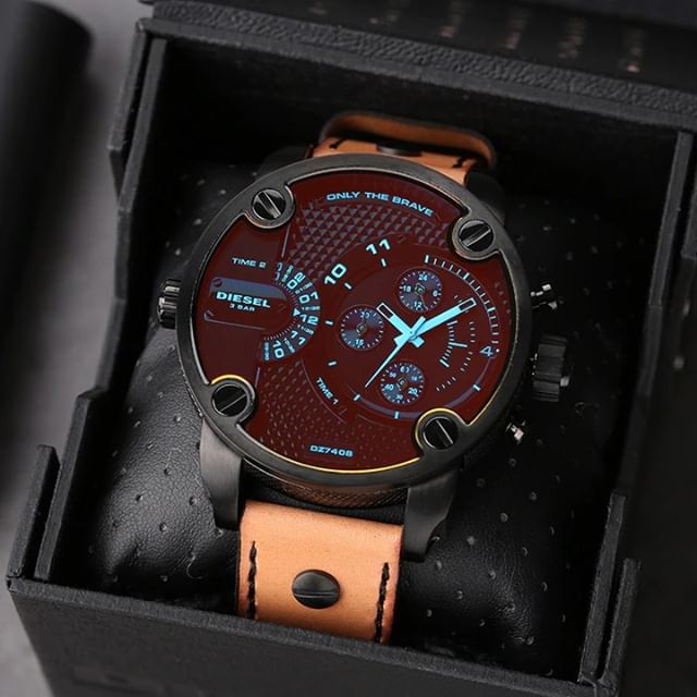 Diesel Little Daddy DZ7408 316L black stainless steel & genuine leather strap 3ATM (30m) water resistant Dual Time zones (GMT)
