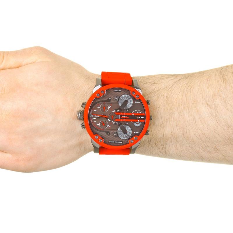 Diesel Dawson Watches DZ7370 316L gunmetal stainless steel with red silicone link cover strap 4 Time zones 30m water resistant