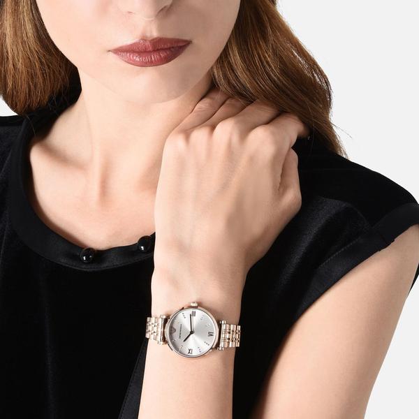 Emporio Armani Gianni T-Bar Crystal Rose Gold Dial Ladies Watch AR11059