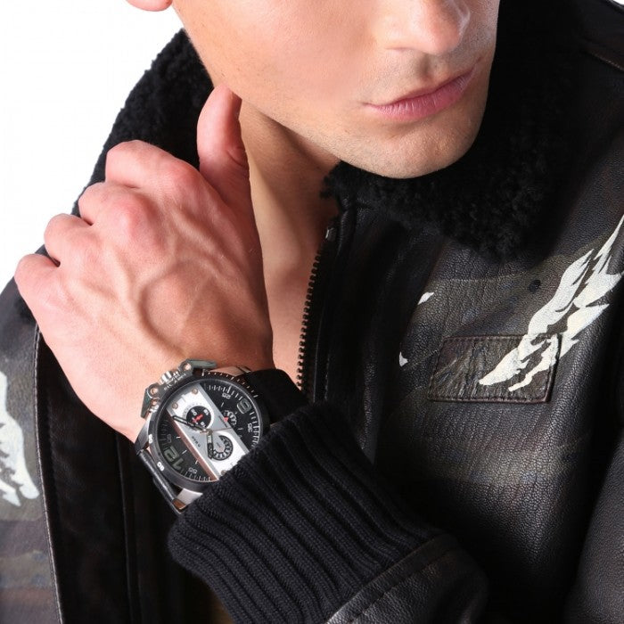 Diesel Ironside Men's Watch DZ4361 316L black ion-plated stainless steel & genuine leather strap 5ATM (50m) water resistant Japan movements with a chronograph and date function