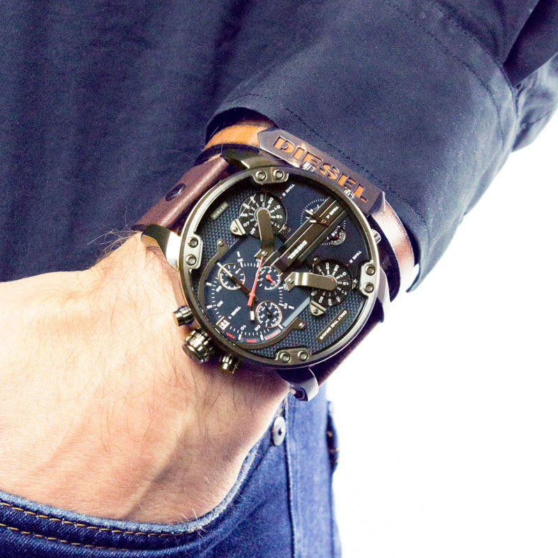 Diesel Big Daddy DZ7314 gunmetal Stainless Steel And Brown Genuine Leather Strap 4 Time zones 30m water resistant
