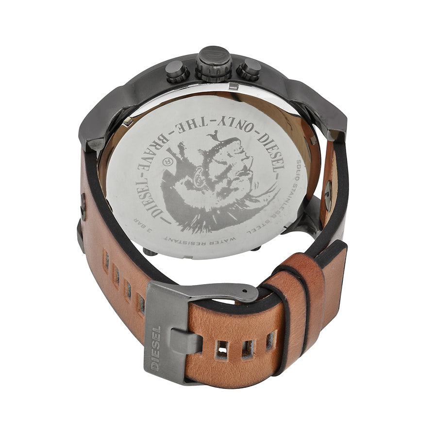 Diesel Big Daddy DZ7332 316L gunmetal stainless steel & genuine leather strap 30m water-resistant 4 Time zones