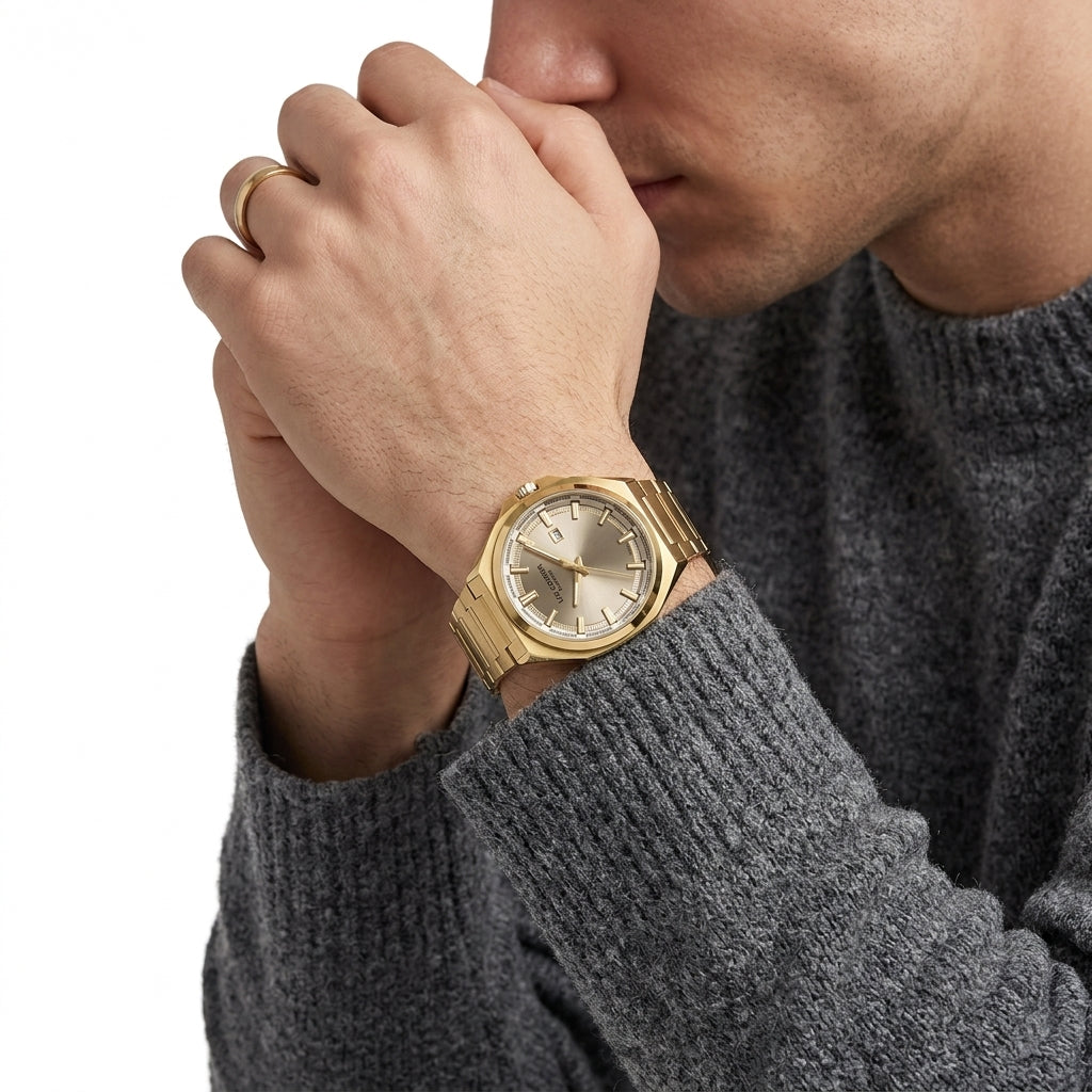 Lee Cooper Oswin Date Window Beige Dial Gold Watch - LC08271.160
