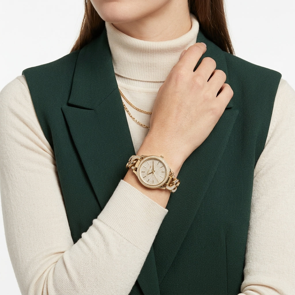 A close-up of a woman wearing a gold-tone watch with a round dial and matching metal link bracelet, styled over a cream turtleneck and dark green blazer vest.