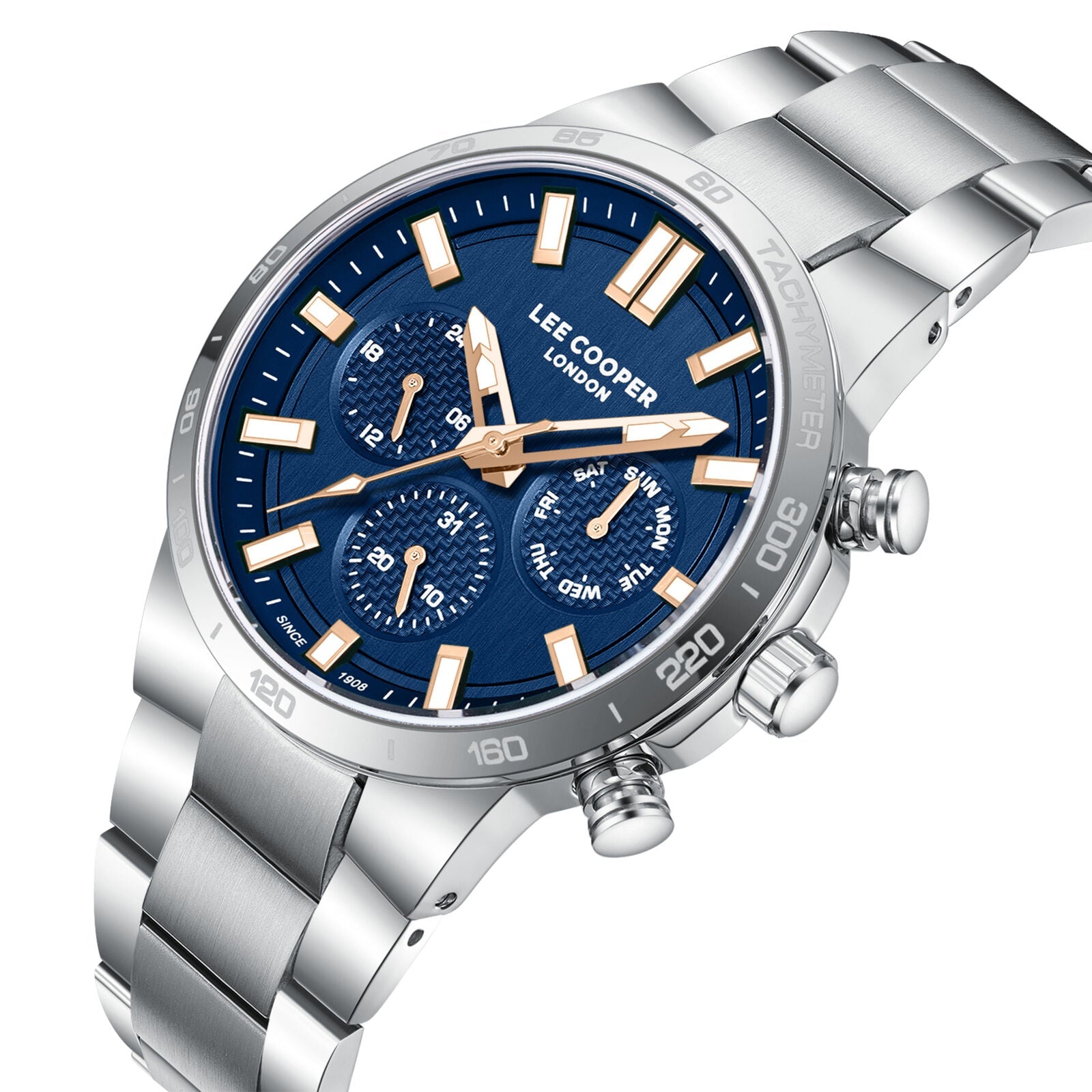 Lee Cooper Multifunction Blue Dial Gold Hands Silver Men's Watch - LC08293.390