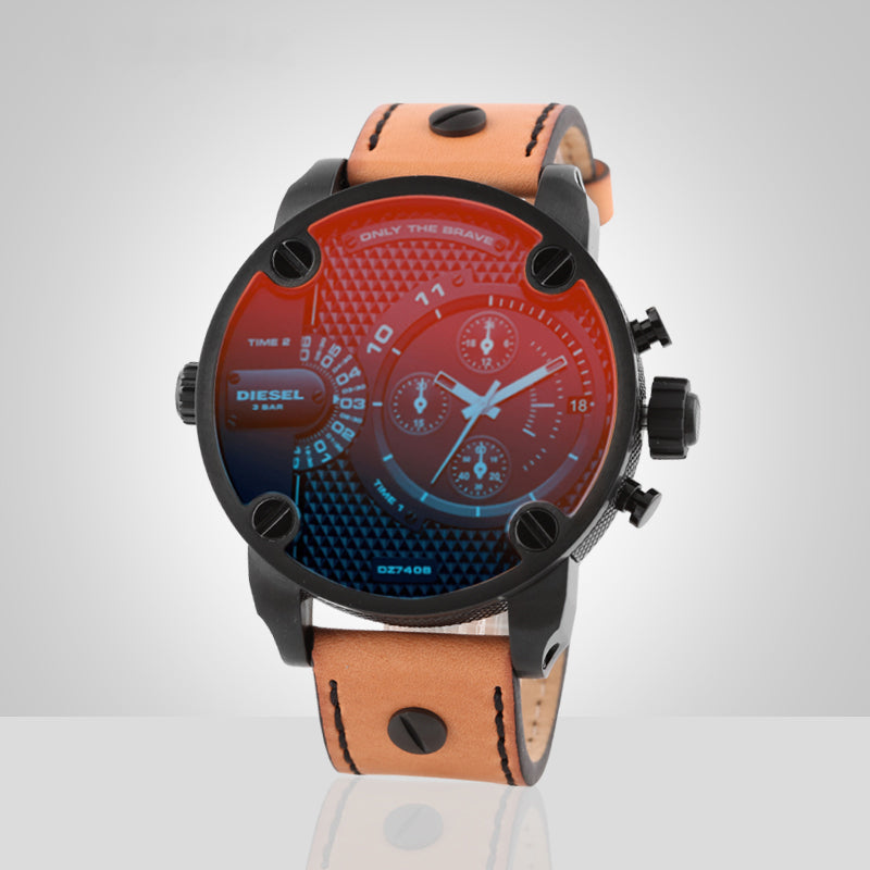 Diesel Little Daddy DZ7408 316L black stainless steel & genuine leather strap 3ATM (30m) water resistant Dual Time zones (GMT)
