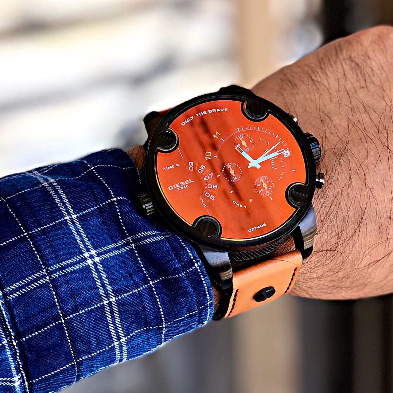 Diesel Little Daddy DZ7408 316L black stainless steel & genuine leather strap 3ATM (30m) water resistant Dual Time zones (GMT)