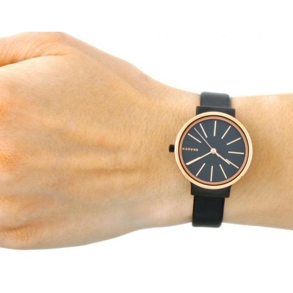 Skagen Ancher Black Dial Leather Strap Ladies Watch SKW2480