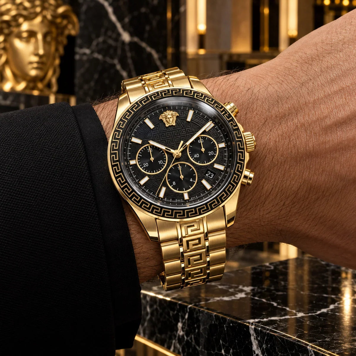 Versace Greca Dome Chronograph Black Dial All Gold Swiss Movt Watch - VE6K00523