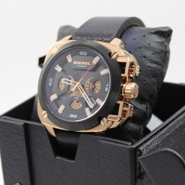 Diesel BAMF Men's Watch DZ7346 316L rose gold-tone stainless steel & genuine leather strap 10ATM (100m) water resistant Japan movement with a chronograph and date function