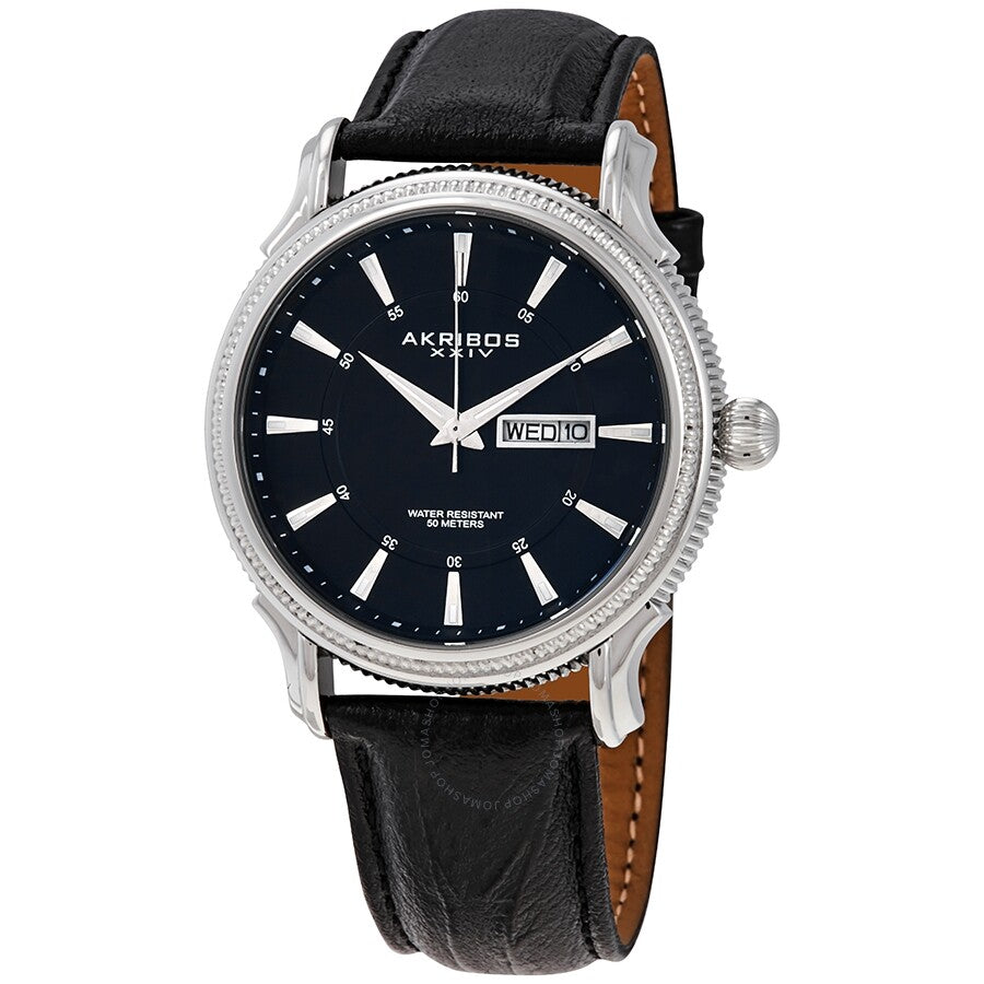 Akribos XXIV Silver Dial Black Leather Men's  Watch AK726SSB - Dawson Watches