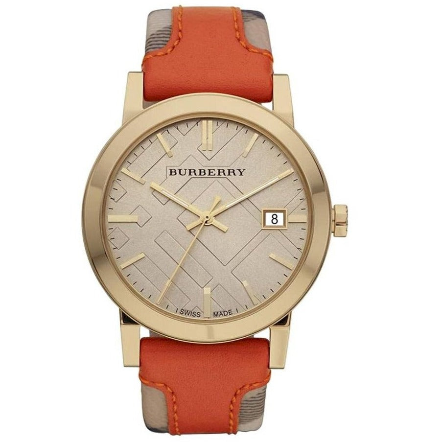 Burberry Women's Swiss Haymarket Check Fabric and Smooth Orange Leather Strap Women's Watch  BU9016 - Kiwi Watches