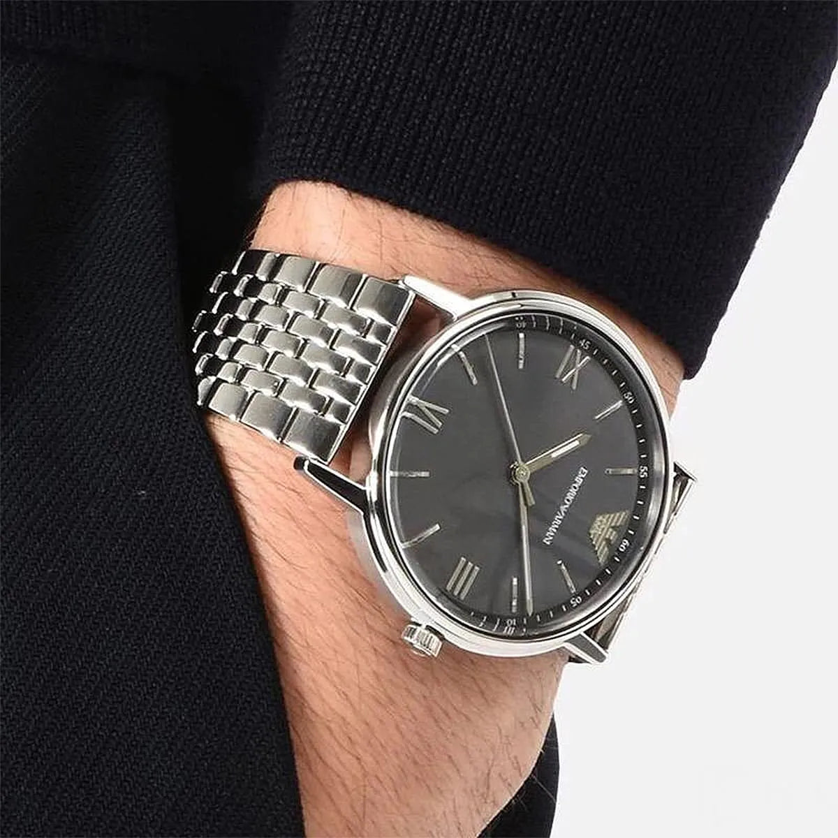 Emporio Armani Kappa Quartz Grey Dial Silver Mesh Bracelet Watch AR11068