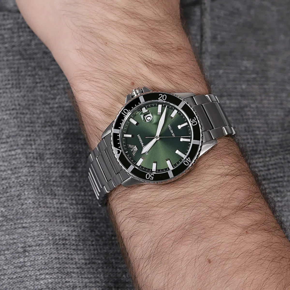 Emporio Armani Diver Three-Hand Date Green Dial Silver Watch - AR11338
