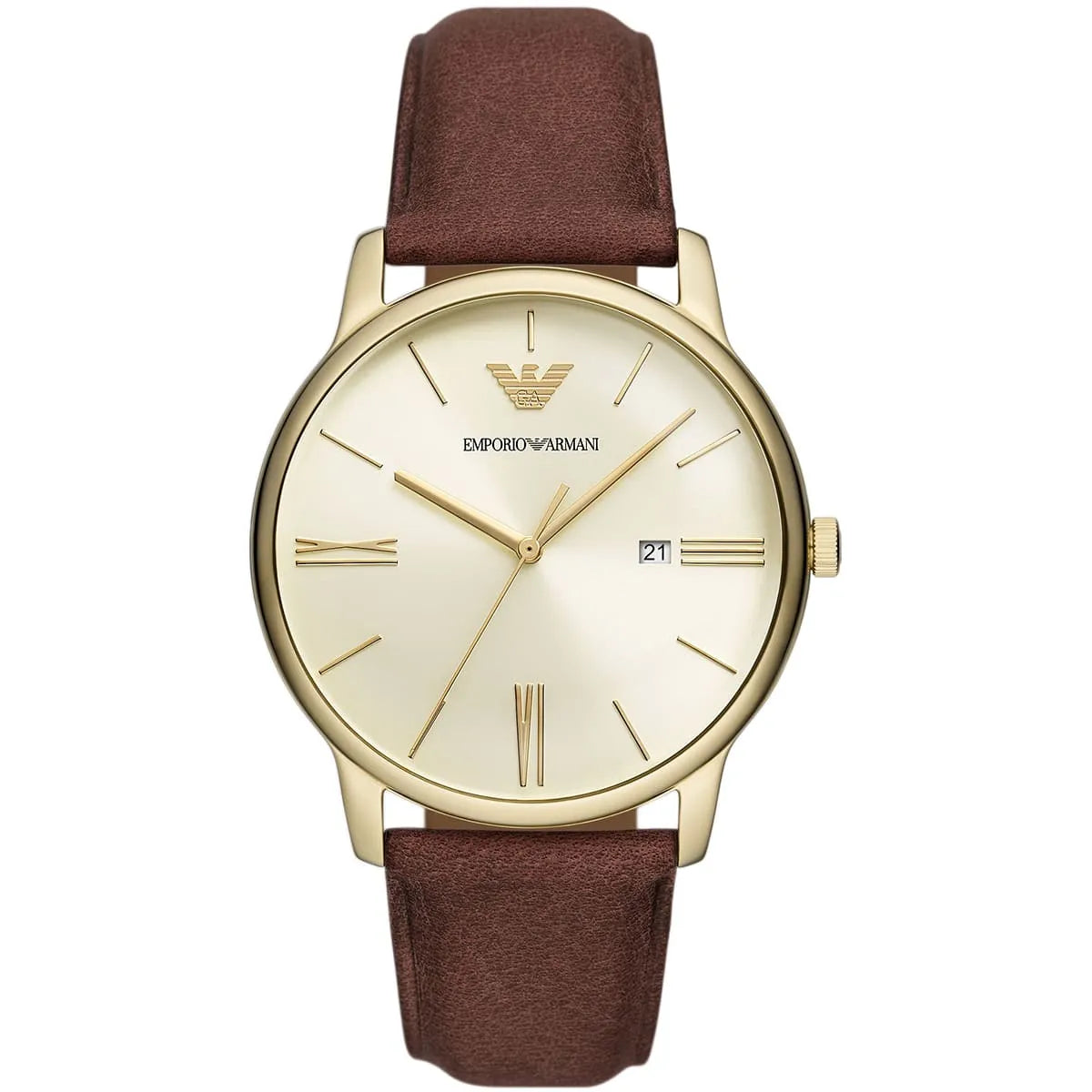 Emporio Armani Minimalist Quartz Gold Dial Brown Leather Strap Watch AR11610
