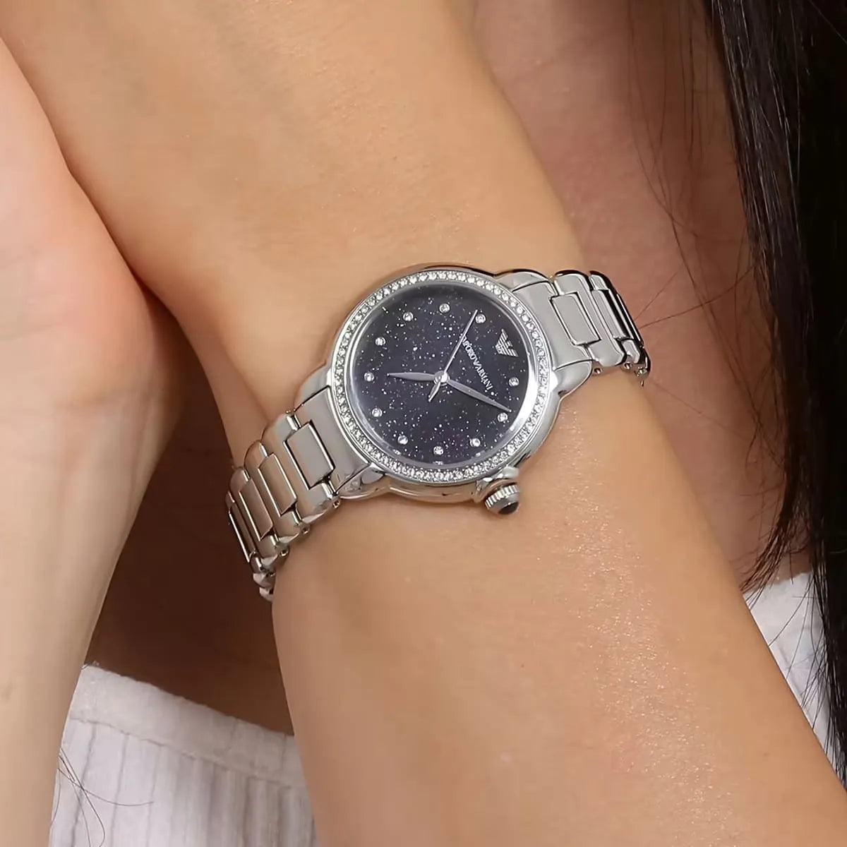 Emporio Armani Mia Three Hand Crystals Blue Dial Silver Steel Strap Women's Watch - For Women - AR11630